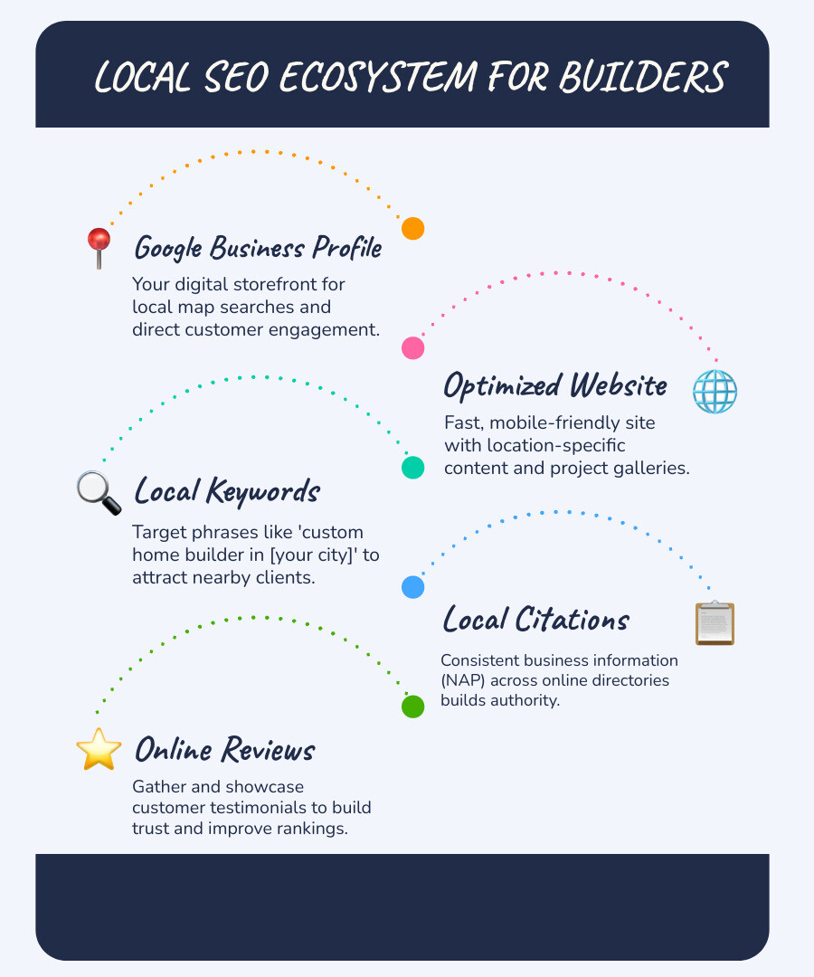 Infographic showing the local SEO ecosystem for builders: At the center is your business, connected to four key elements - Google Business Profile (showing map pack visibility and reviews), Your Website (with service pages and blog content), Local Citations (directories like Houzz, Angi, and local chambers), and Customer Reviews (displayed across multiple platforms). Arrows indicate how these elements work together to improve local search visibility and generate leads. - seo for local builders infographic infographic-line-5-steps-blues-accent_colors