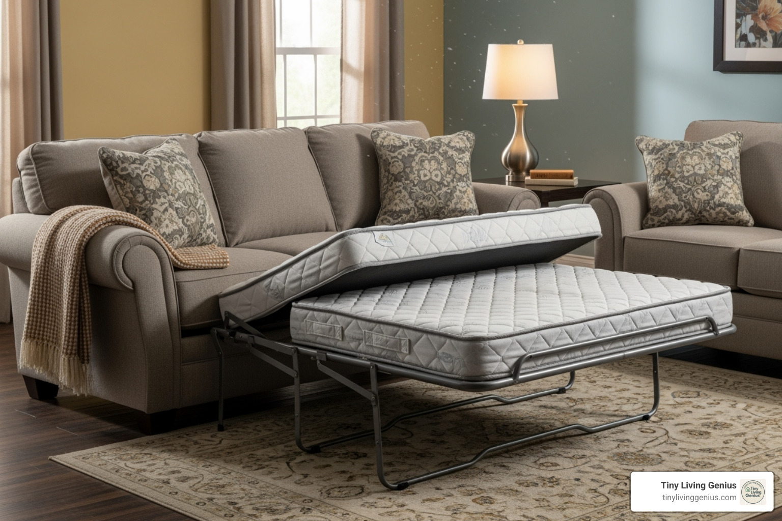 Traditional pull-out sofa bed with its hidden mattress partially extended - compact sofa beds
