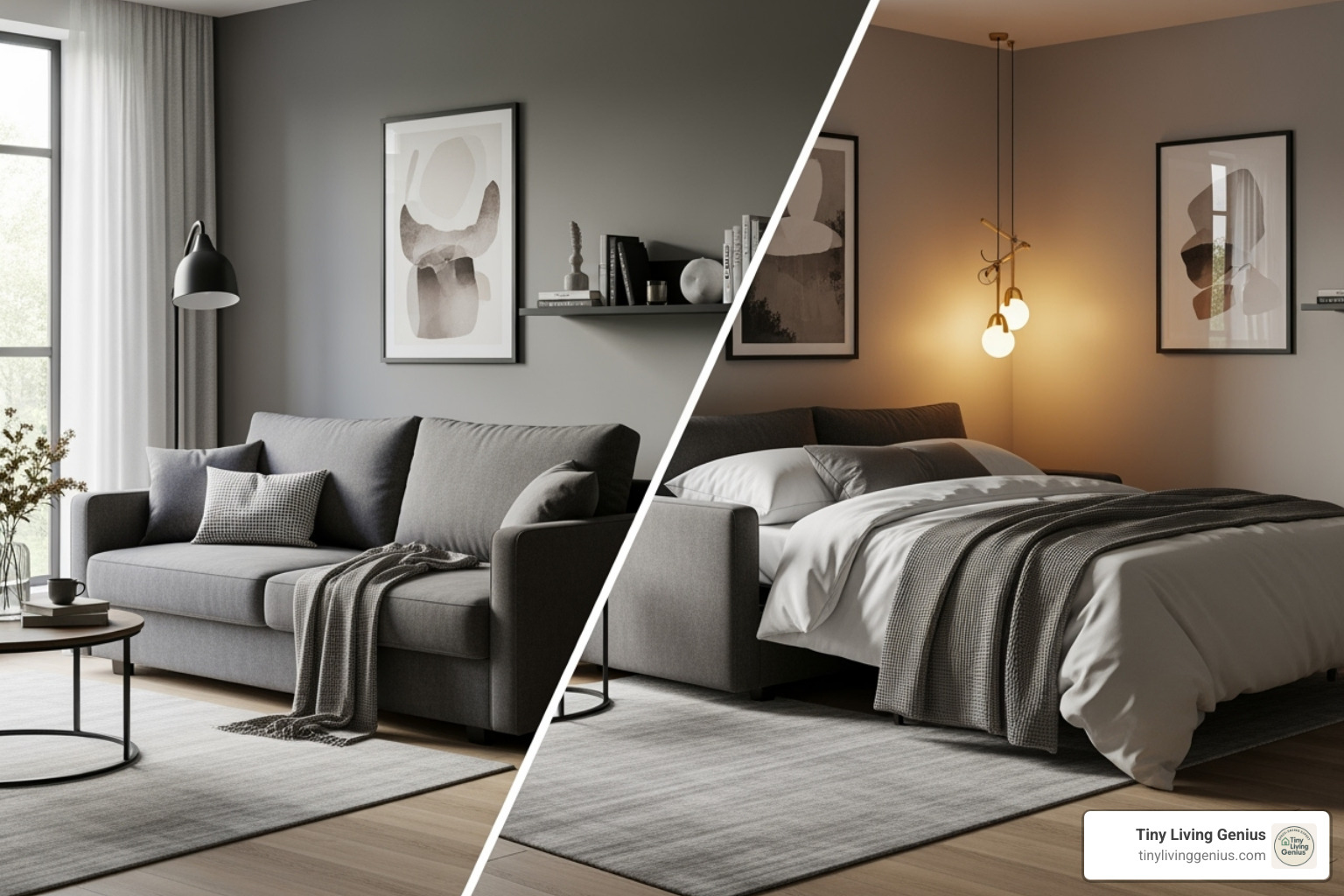 Living room transforming from a daytime seating area to a nighttime guest bedroom - compact sofa beds