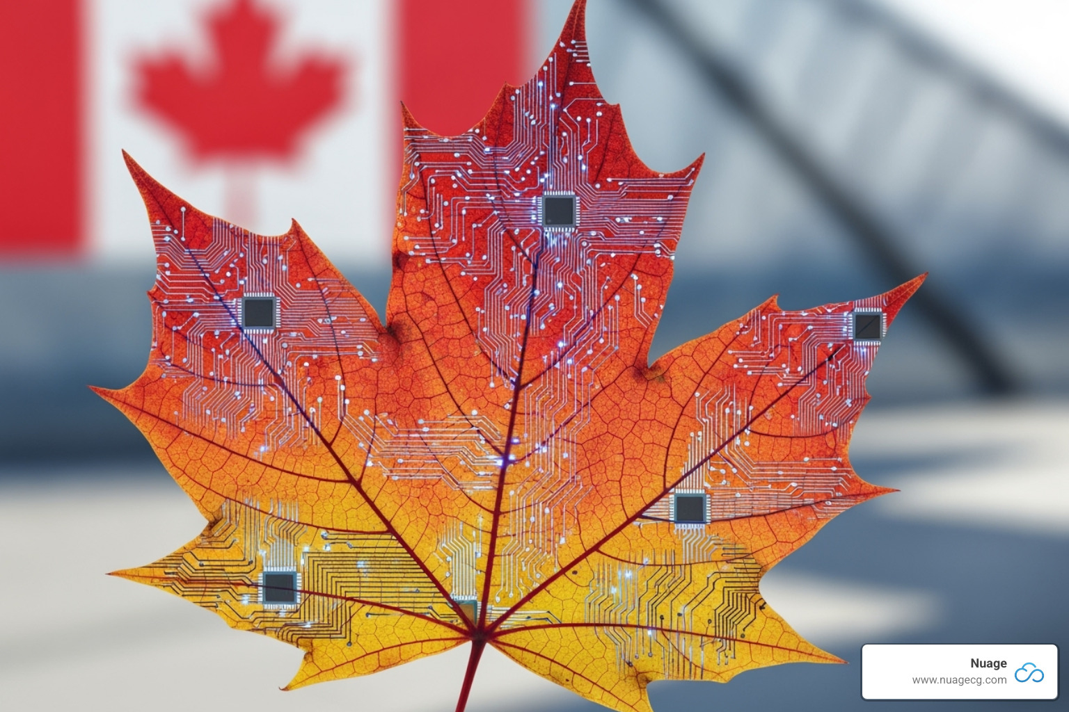 A maple leaf integrated with a circuit board to represent Canadian tech - ERP consulting firm