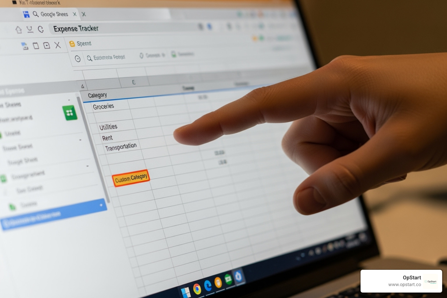 A hand points to a section of a Google Sheets budget template on a laptop, illustrating the customization of expense categories. - startup budget template google sheets