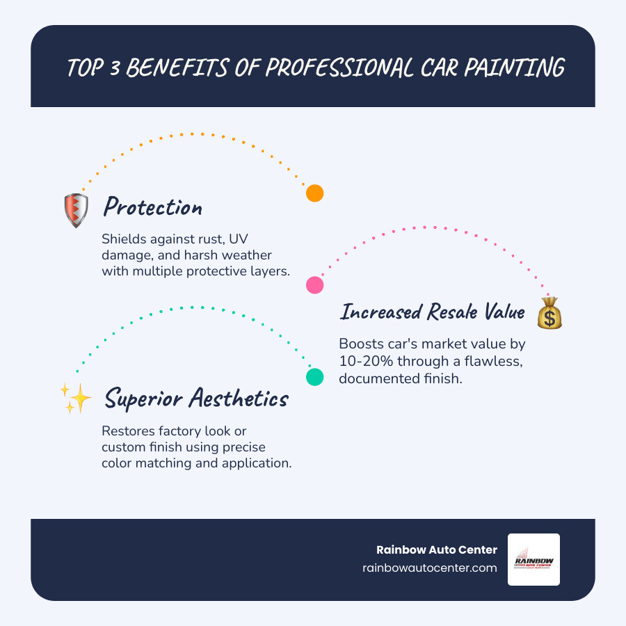 Infographic showing three key benefits of professional car painting: 1) Protection - shields against rust, UV damage, and weather with multiple paint layers and clear coat, 2) Value - increases resale value by 10-20% with professional finish and documentation, 3) Aesthetics - restores factory appearance using computerized color matching and precision application techniques - car painting hayward infographic infographic-line-3-steps-blues-accent_colors