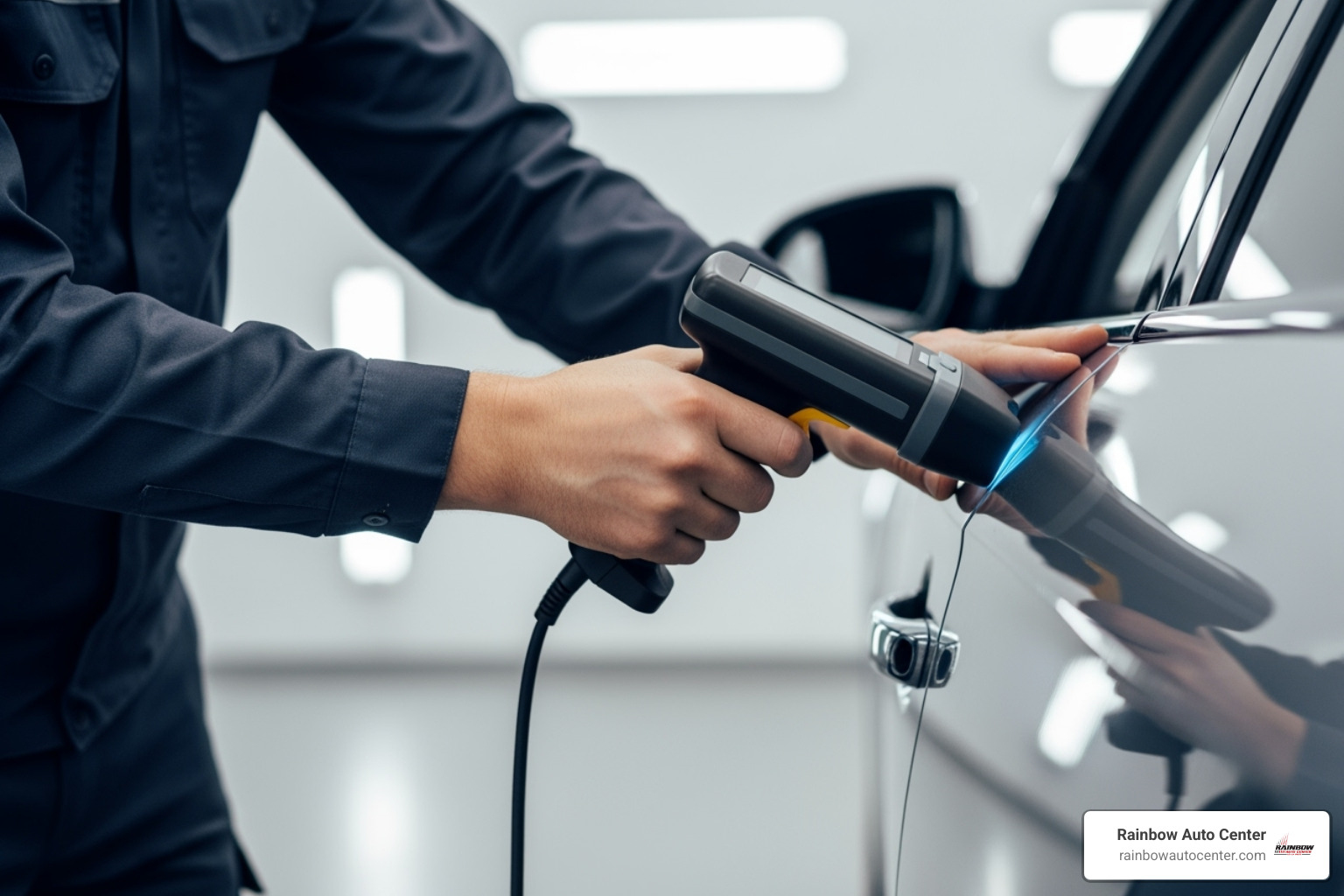 technician using computerized color matching scanner on car panel - car painting hayward