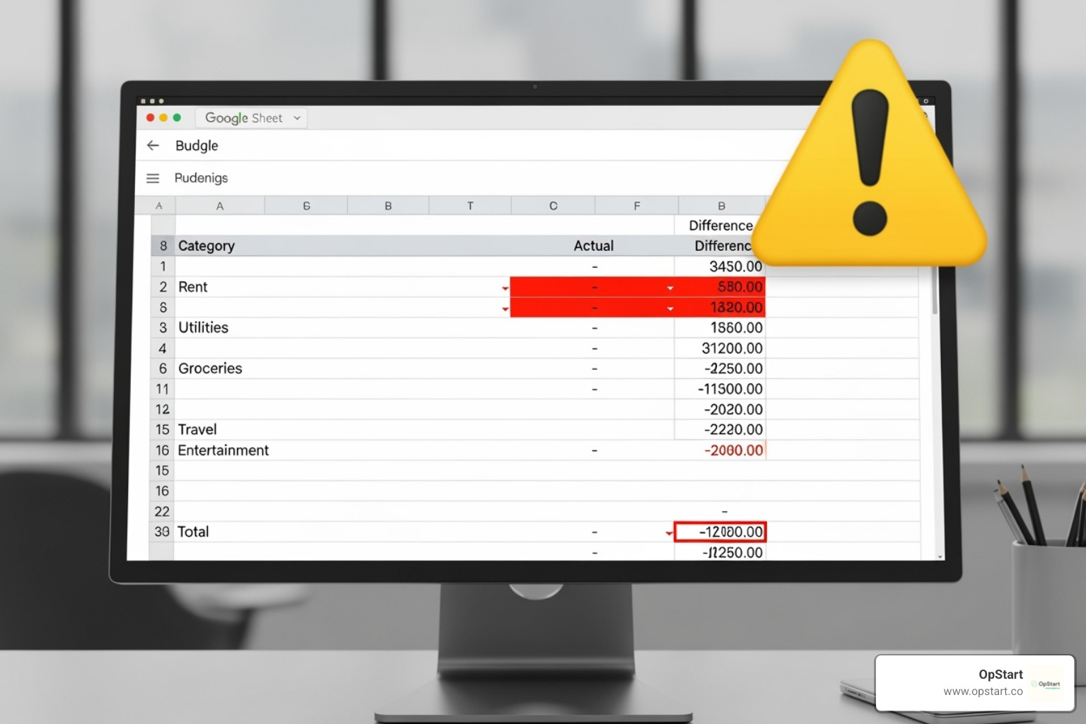 A warning sign emoji overlays a screenshot of a Google Sheets budget with several cells highlighted in red, indicating negative balances or overspending. - startup budget template google sheets