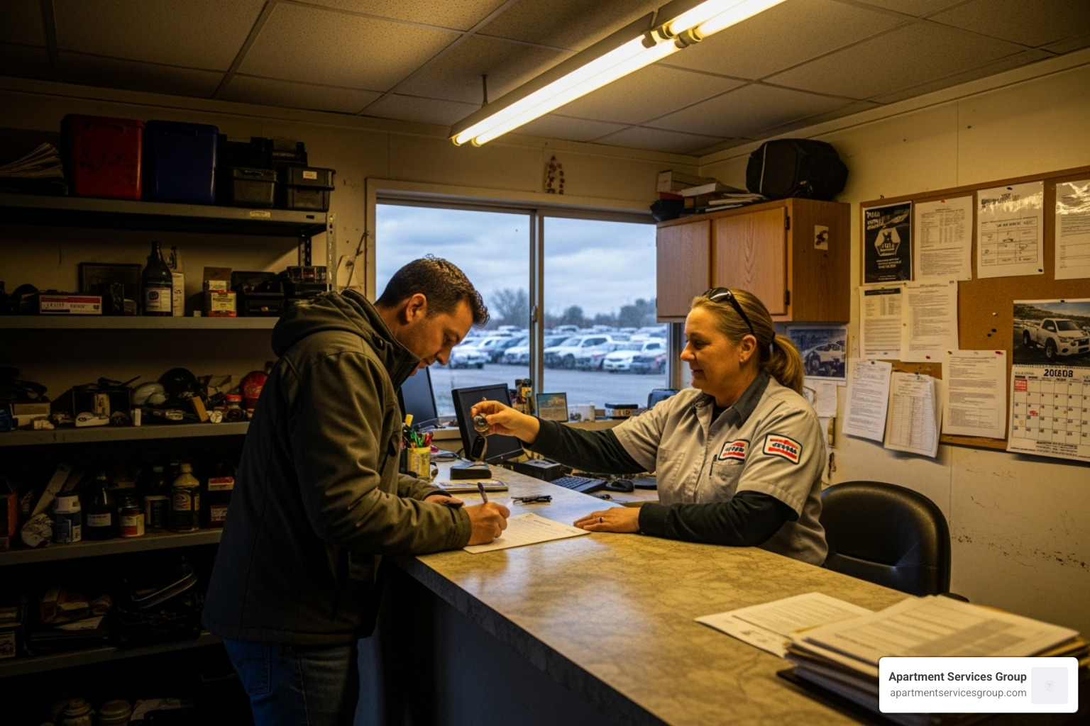 Person at a tow yard counter retrieving their car keys - towing from apartment complex