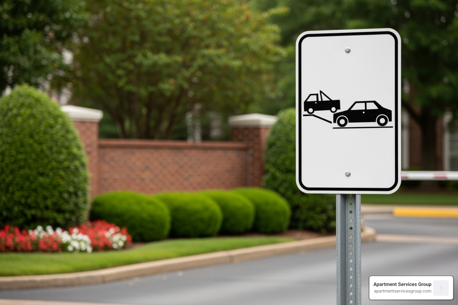 Legally compliant towing sign at an apartment entrance - towing from apartment complex