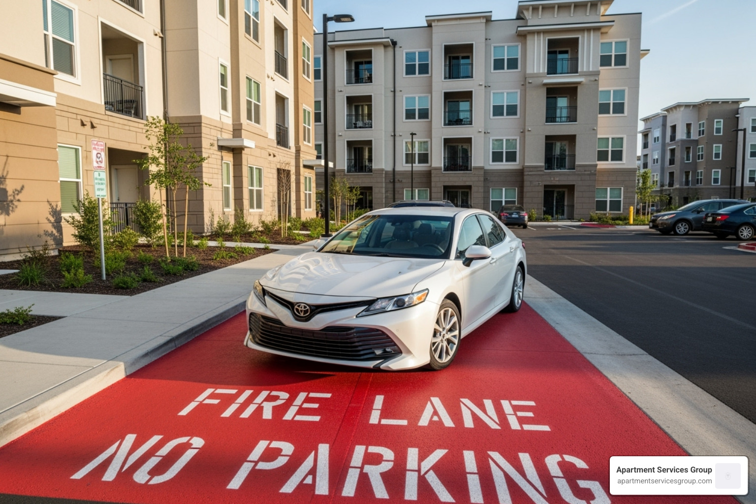 Car parked illegally in a fire lane - towing from apartment complex