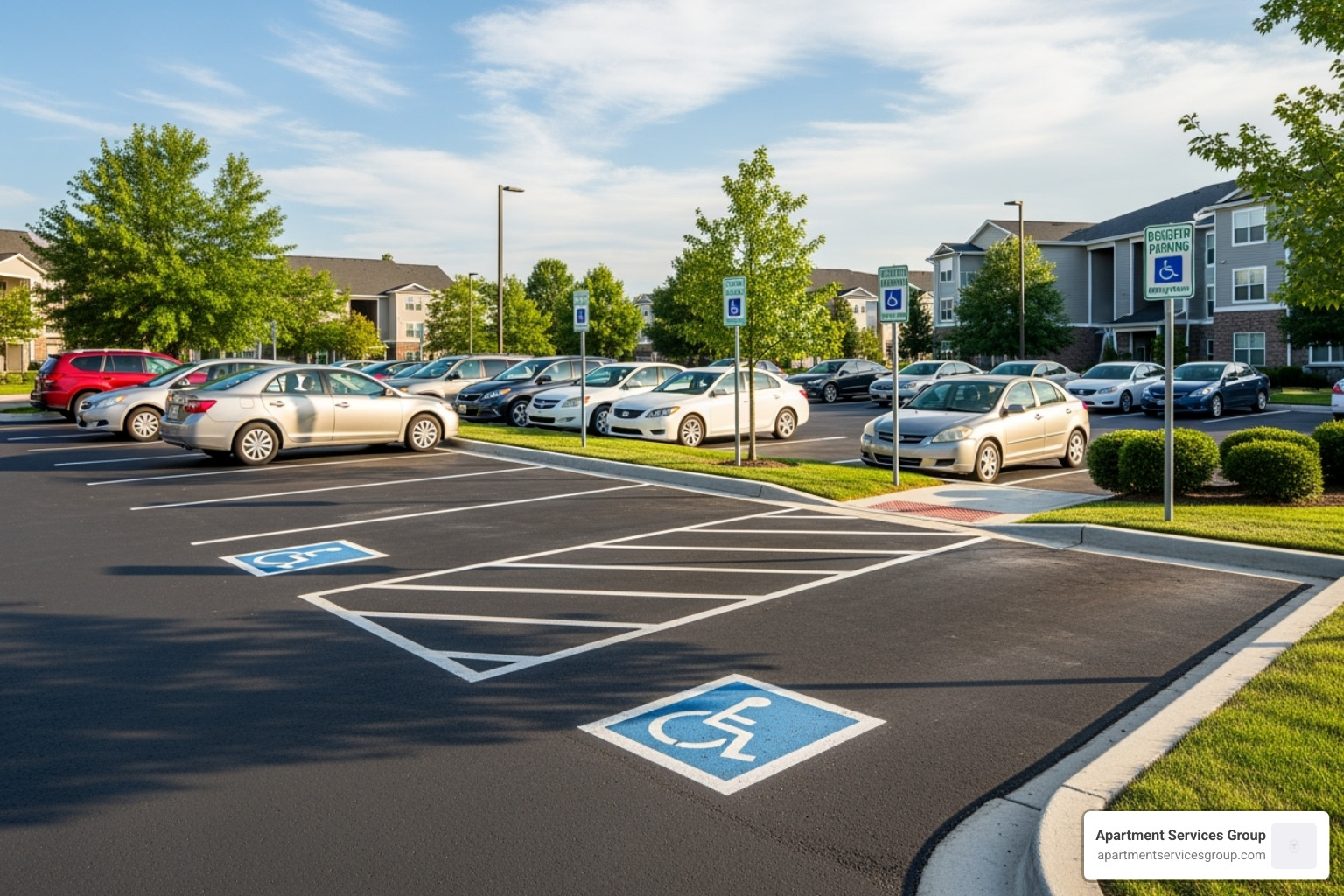 Well-managed apartment complex parking lot with clear signage - towing from apartment complex