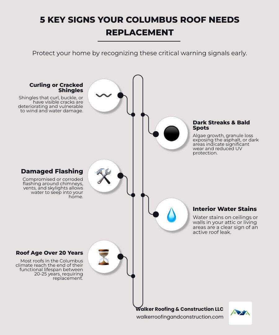 infographic showing the five key signs your Columbus roof needs replacement: curling or cracked shingles, dark streaks or bald spots where granules have worn away, damaged flashing around chimneys and vents, water stains on interior ceilings, and a roof age exceeding 20 years - new roof columbus oh infographic infographic-line-5-steps-elegant_beige infographic showing the five key signs your Columbus roof needs replacement: curling or cracked shingles, dark streaks or bald spots where granules have worn away, damaged flashing around chimneys and vents, water stains on interior ceilings, and a roof age exceeding 20 years - new roof columbus oh infographic infographic-line-5-steps-elegant_beige