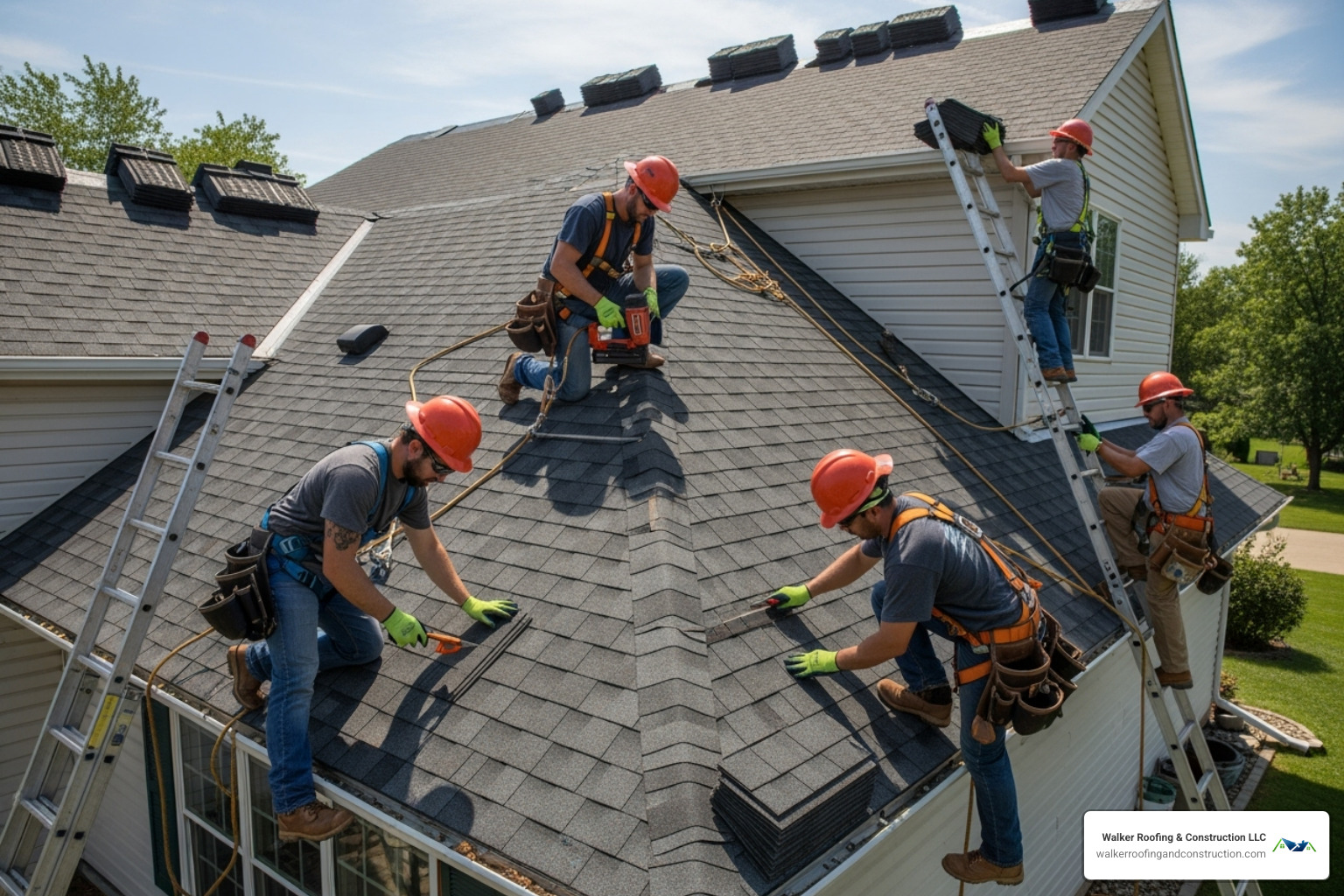professional roofing crew working safely on a residential roof - new roof columbus oh professional roofing crew working safely on a residential roof - new roof columbus oh