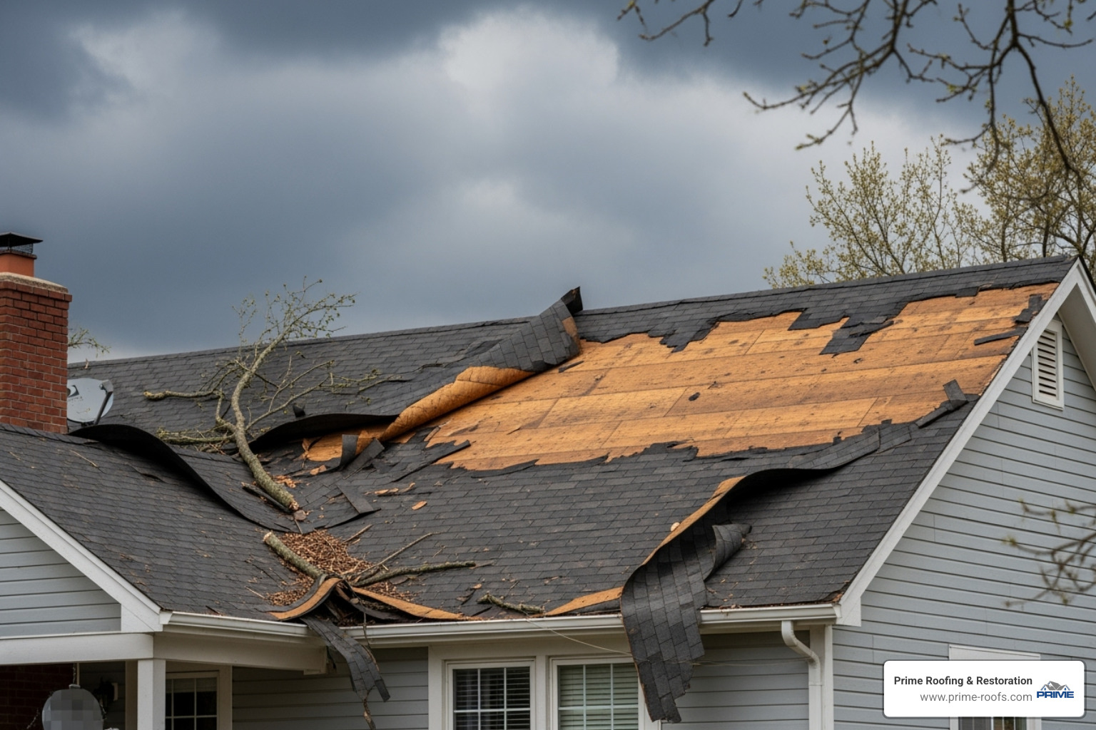 Roof with visible storm damage, such as missing shingles - Home roof installation