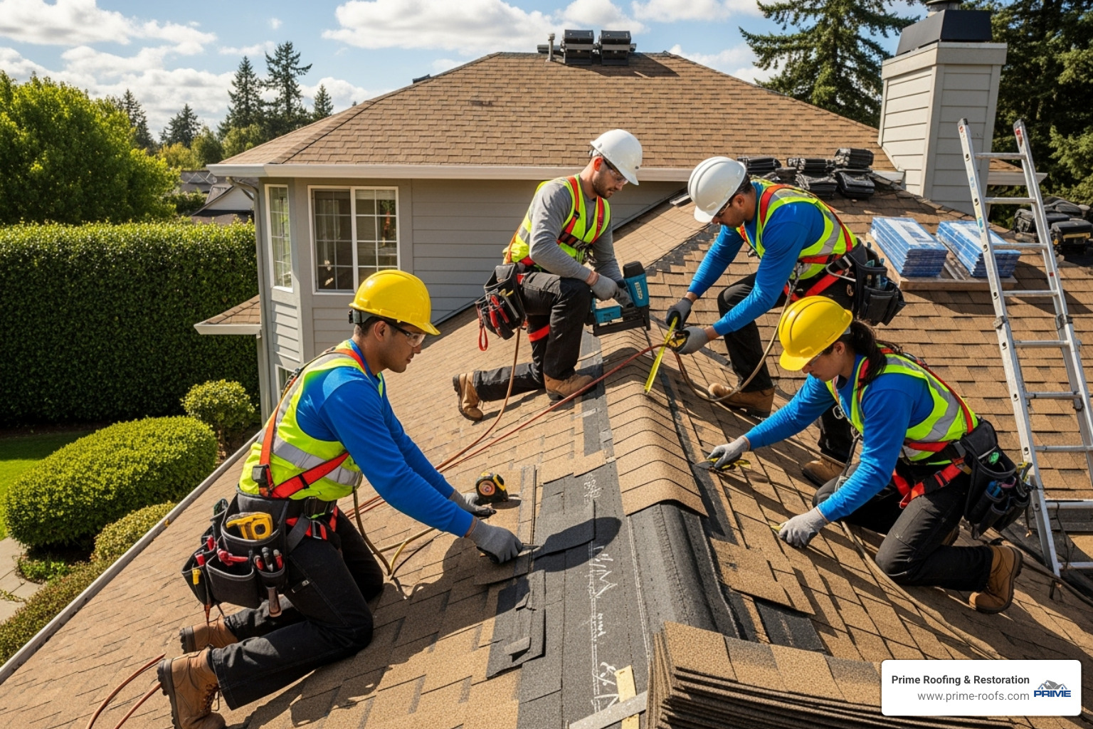 Professional roofers working on a roof deck with safety harnesses - Home roof installation
