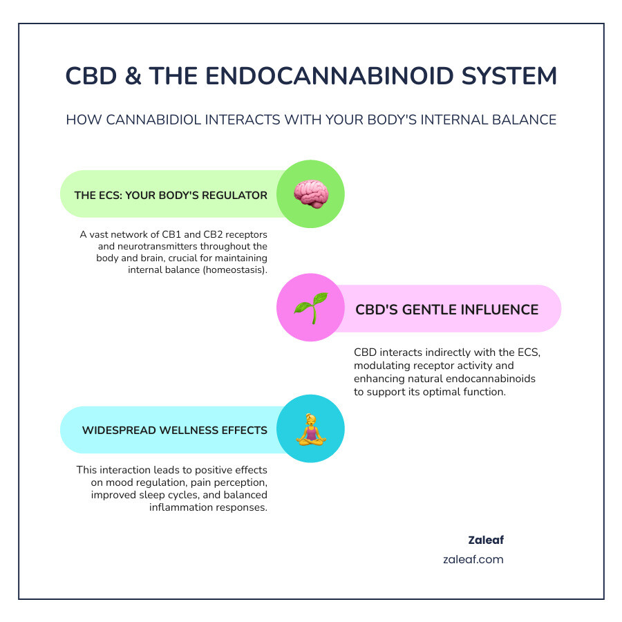 Infographic showing how CBD interacts with the endocannabinoid system, including CB1 and CB2 receptors throughout the body and brain, with arrows indicating CBD's effects on mood regulation, pain perception, sleep cycles, and inflammation response - cbd gummies benefits infographic infographic-line-3-steps-colors Infographic showing how CBD interacts with the endocannabinoid system, including CB1 and CB2 receptors throughout the body and brain, with arrows indicating CBD's effects on mood regulation, pain perception, sleep cycles, and inflammation response - cbd gummies benefits infographic infographic-line-3-steps-colors