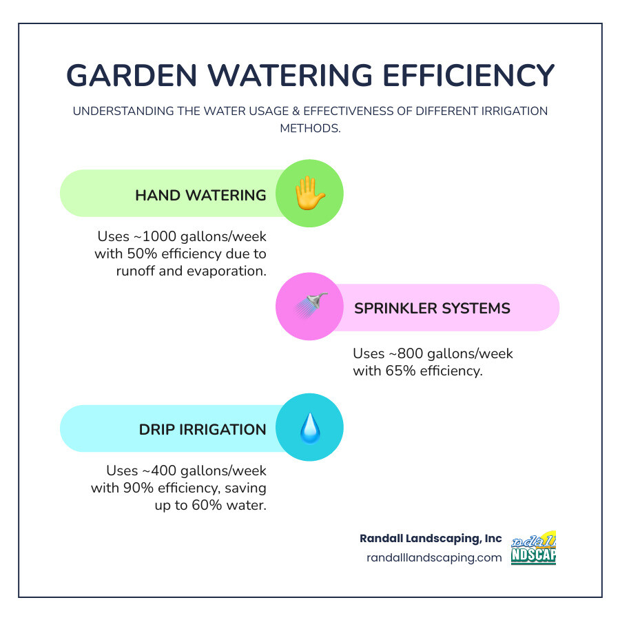 Infographic comparing water usage and efficiency: hand watering uses approximately 1000 gallons per week with 50% efficiency due to runoff and evaporation; traditional sprinkler systems use 800 gallons per week with 65% efficiency; drip irrigation systems use 400 gallons per week with 90% efficiency, showing drip irrigation saves up to 60% more water while delivering moisture directly to plant roots - garden irrigation system infographic infographic-line-3-steps-colors Infographic comparing water usage and efficiency: hand watering uses approximately 1000 gallons per week with 50% efficiency due to runoff and evaporation; traditional sprinkler systems use 800 gallons per week with 65% efficiency; drip irrigation systems use 400 gallons per week with 90% efficiency, showing drip irrigation saves up to 60% more water while delivering moisture directly to plant roots - garden irrigation system infographic infographic-line-3-steps-colors