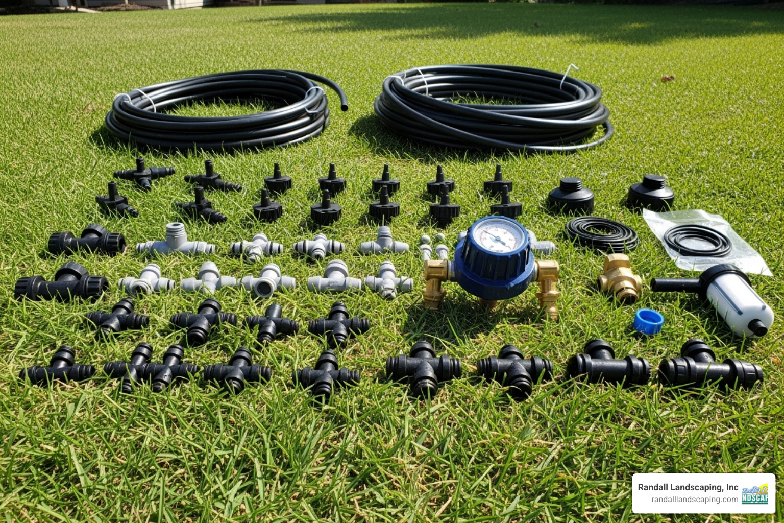 the various components of a drip irrigation kit laid out on a lawn - garden irrigation system the various components of a drip irrigation kit laid out on a lawn - garden irrigation system