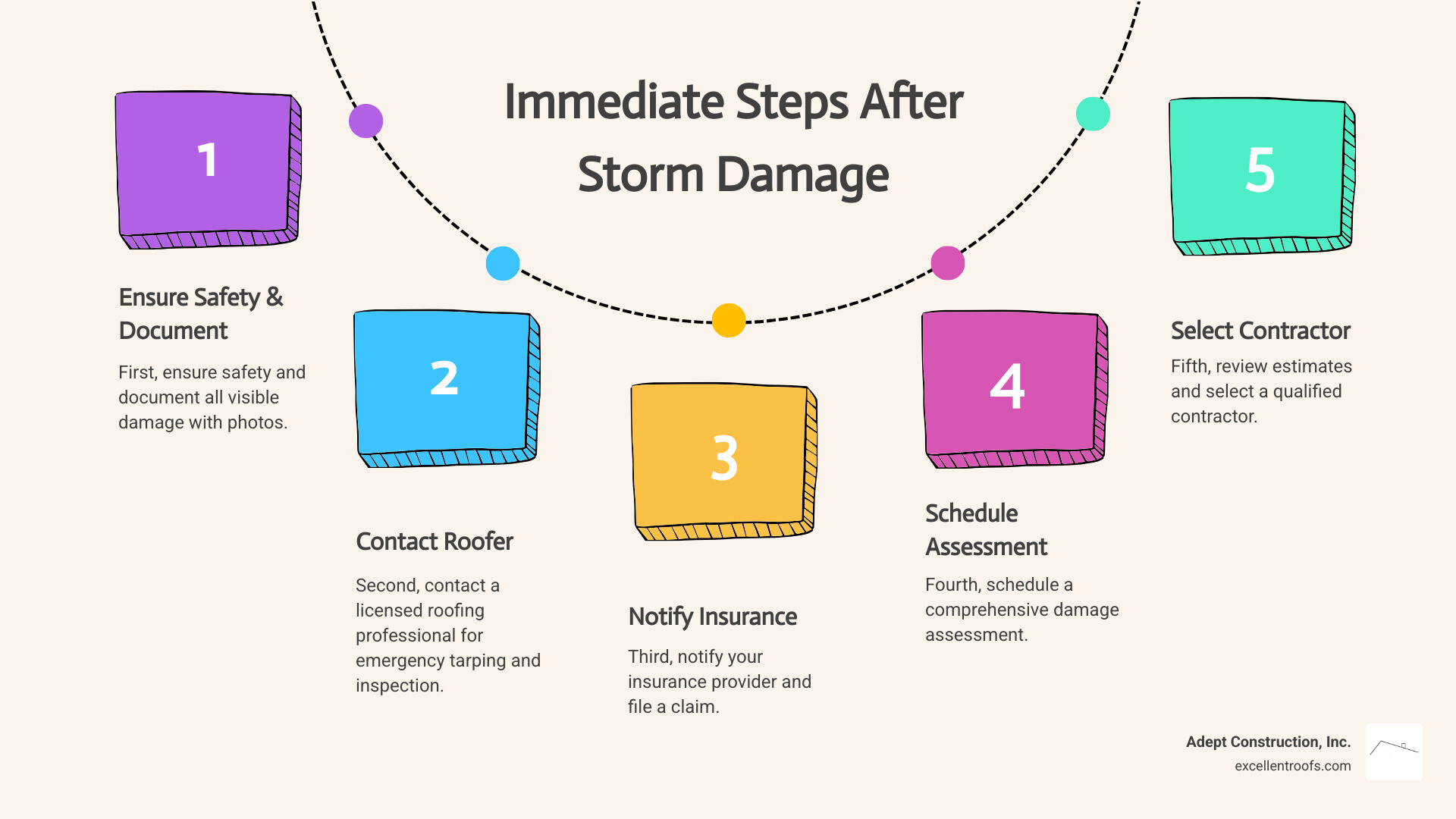 infographic showing immediate steps after storm damage: first, ensure safety and document all visible damage with photos; second, contact a licensed roofing professional for emergency tarping and inspection; third, notify your insurance provider and file a claim; fourth, schedule a comprehensive damage assessment; fifth, review estimates and select a qualified contractor - storm damage restoration companies infographic process-5-steps-informal infographic showing immediate steps after storm damage: first, ensure safety and document all visible damage with photos; second, contact a licensed roofing professional for emergency tarping and inspection; third, notify your insurance provider and file a claim; fourth, schedule a comprehensive damage assessment; fifth, review estimates and select a qualified contractor - storm damage restoration companies infographic process-5-steps-informal