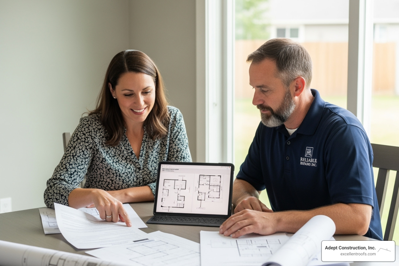 homeowner and contractor reviewing an insurance claim - storm damage restoration companies homeowner and contractor reviewing an insurance claim - storm damage restoration companies