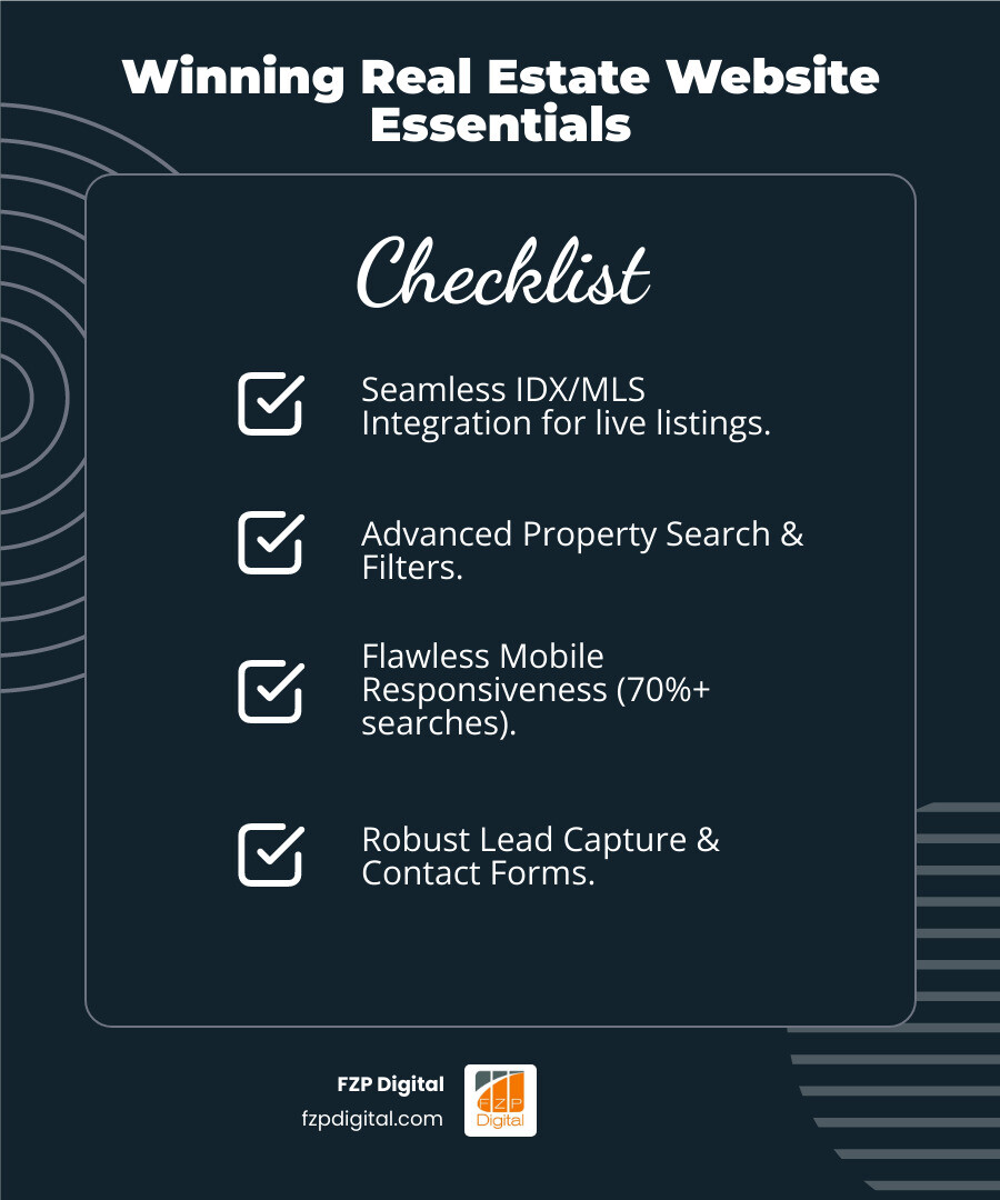 Infographic showing the essential components of a successful real estate website template including IDX MLS integration at the foundation, mobile responsive design wrapping around all elements, lead capture forms and contact options in the center, property search and filtering tools prominently displayed, high quality image galleries and virtual tours for showcasing listings, SEO optimization layer throughout, and testimonials and agent expertise sections for building trust - real estate business website templates infographic checklist-dark-blue