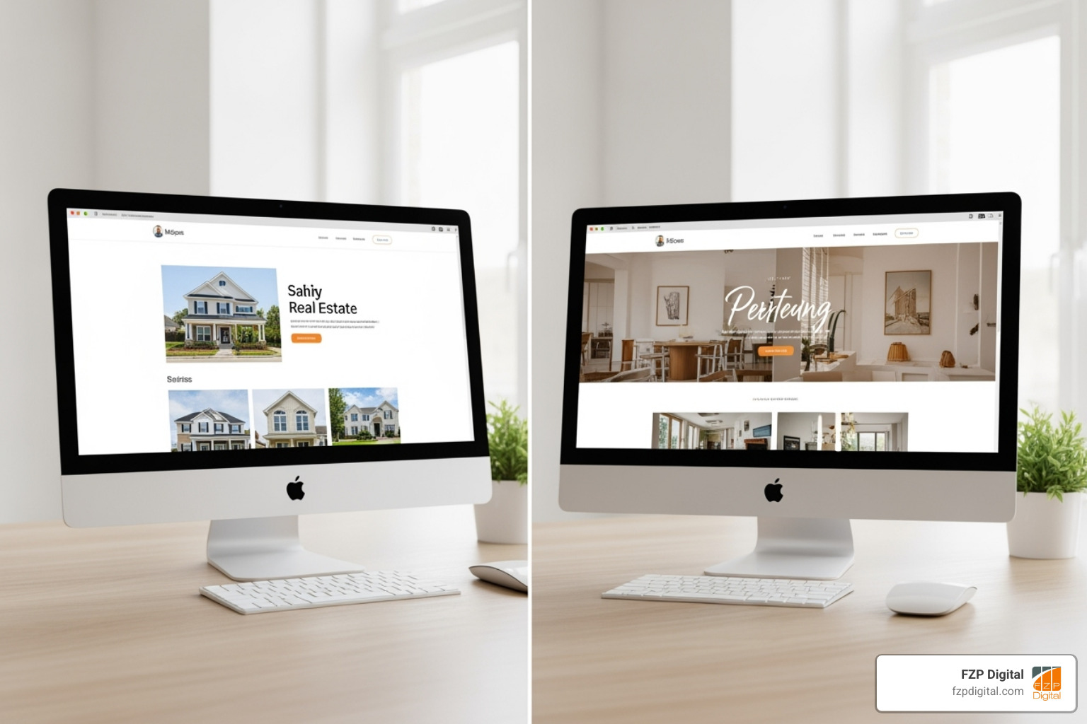 Side-by-side comparison of a generic website template and a fully customized, branded real estate website, both featuring warm and inviting designs - real estate business website templates