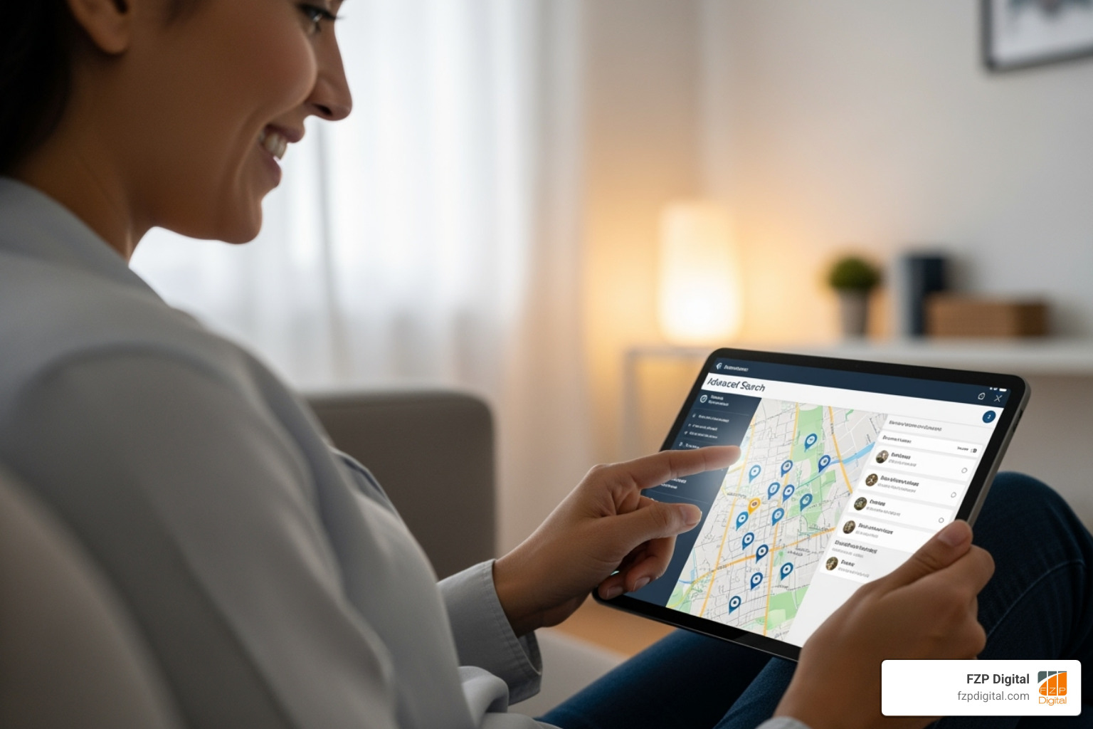 A user interacting with an advanced map search feature on a tablet, with a bright, warm, and inviting expression - real estate business website templates