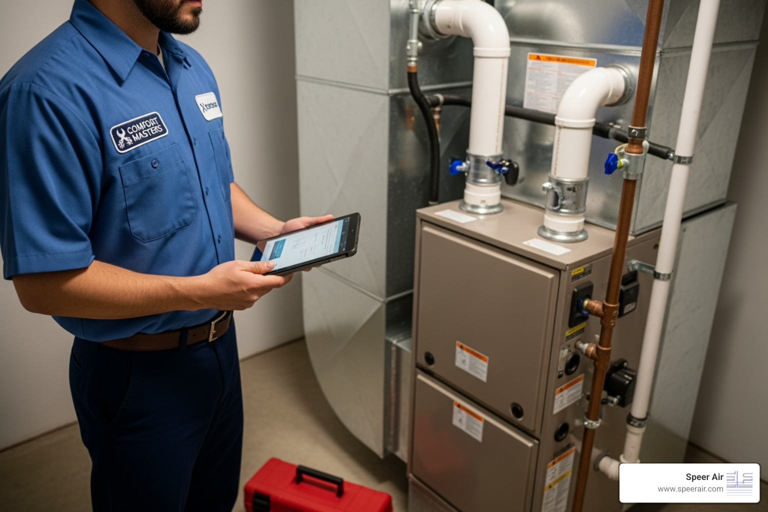 A professional HVAC technician in a clean uniform, with a company logo on his shirt, standing next to a modern furnace with a toolbox and tablet - furnace installation contractor denville nj