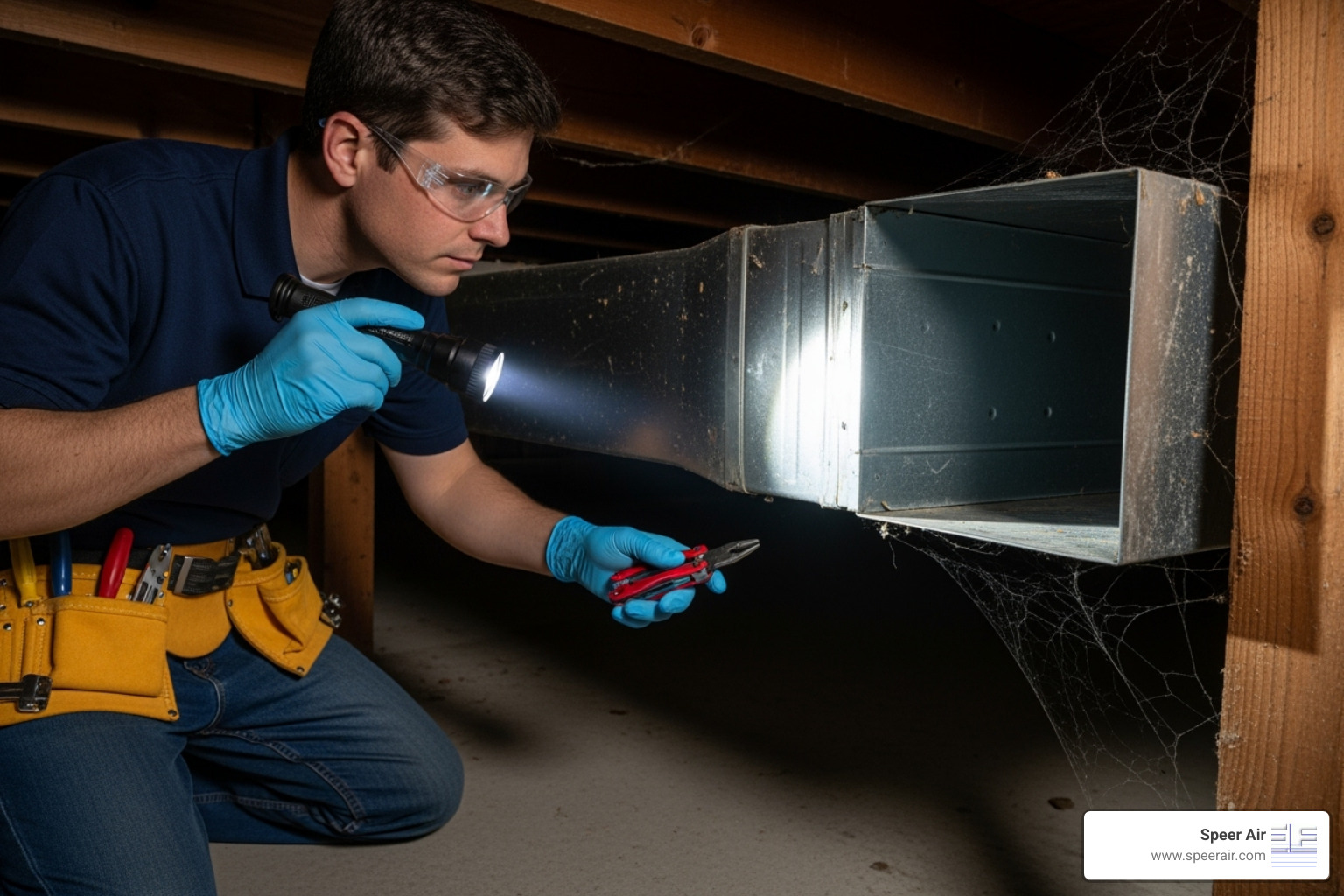 A technician wearing gloves and safety glasses inspecting ductwork in a home, with a flashlight and tools - furnace installation contractor denville nj