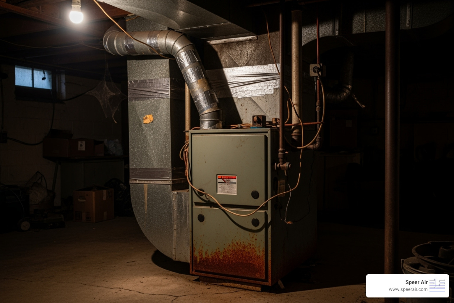 An old, inefficient furnace with visible rust and duct tape in a dark basement - furnace installation contractor denville nj