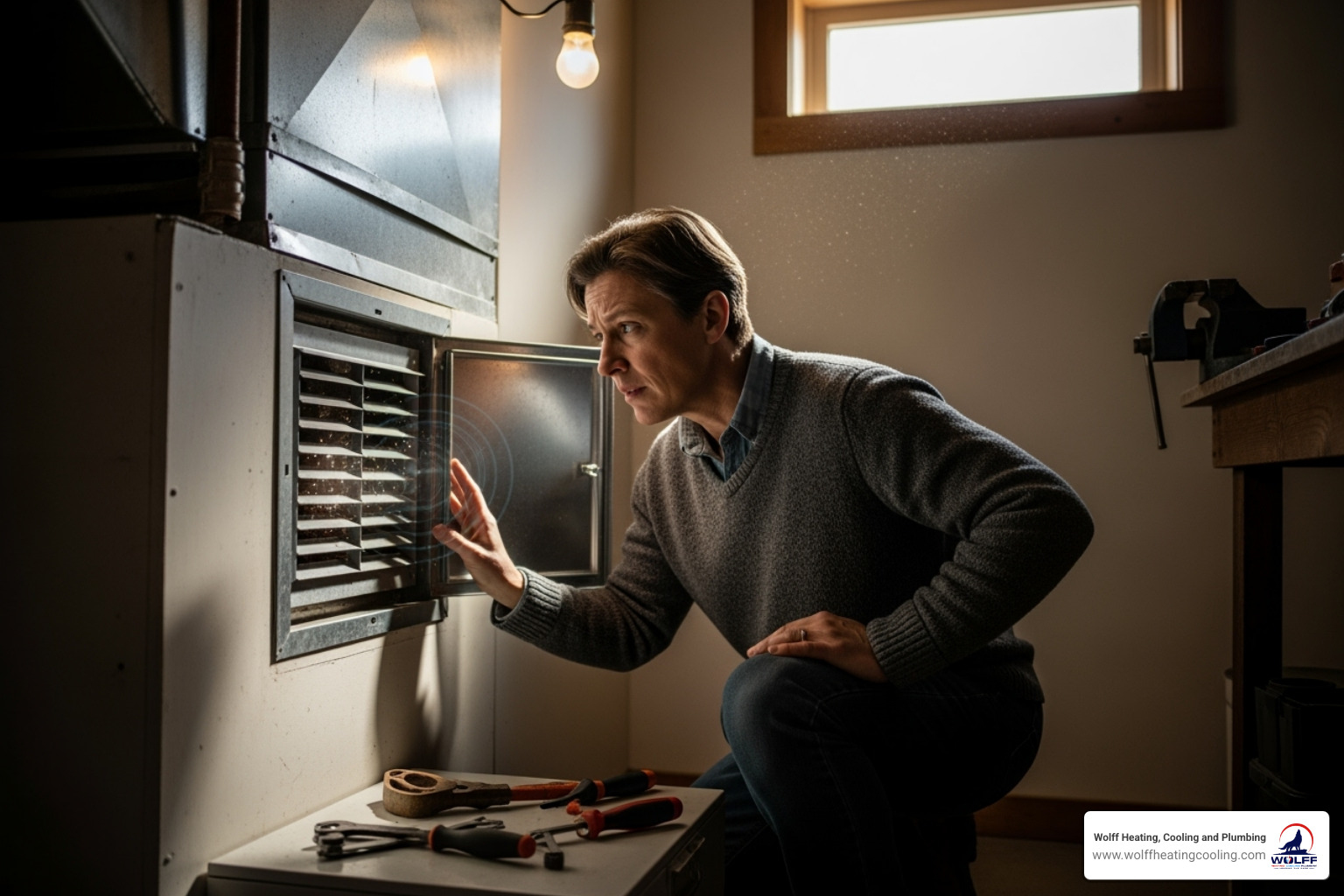A homeowner looks concernedly at a noisy furnace vent, wondering why their heating system is making such unusual sounds. - heating maintenance albuquerque nm A homeowner looks concernedly at a noisy furnace vent, wondering why their heating system is making such unusual sounds. - heating maintenance albuquerque nm
