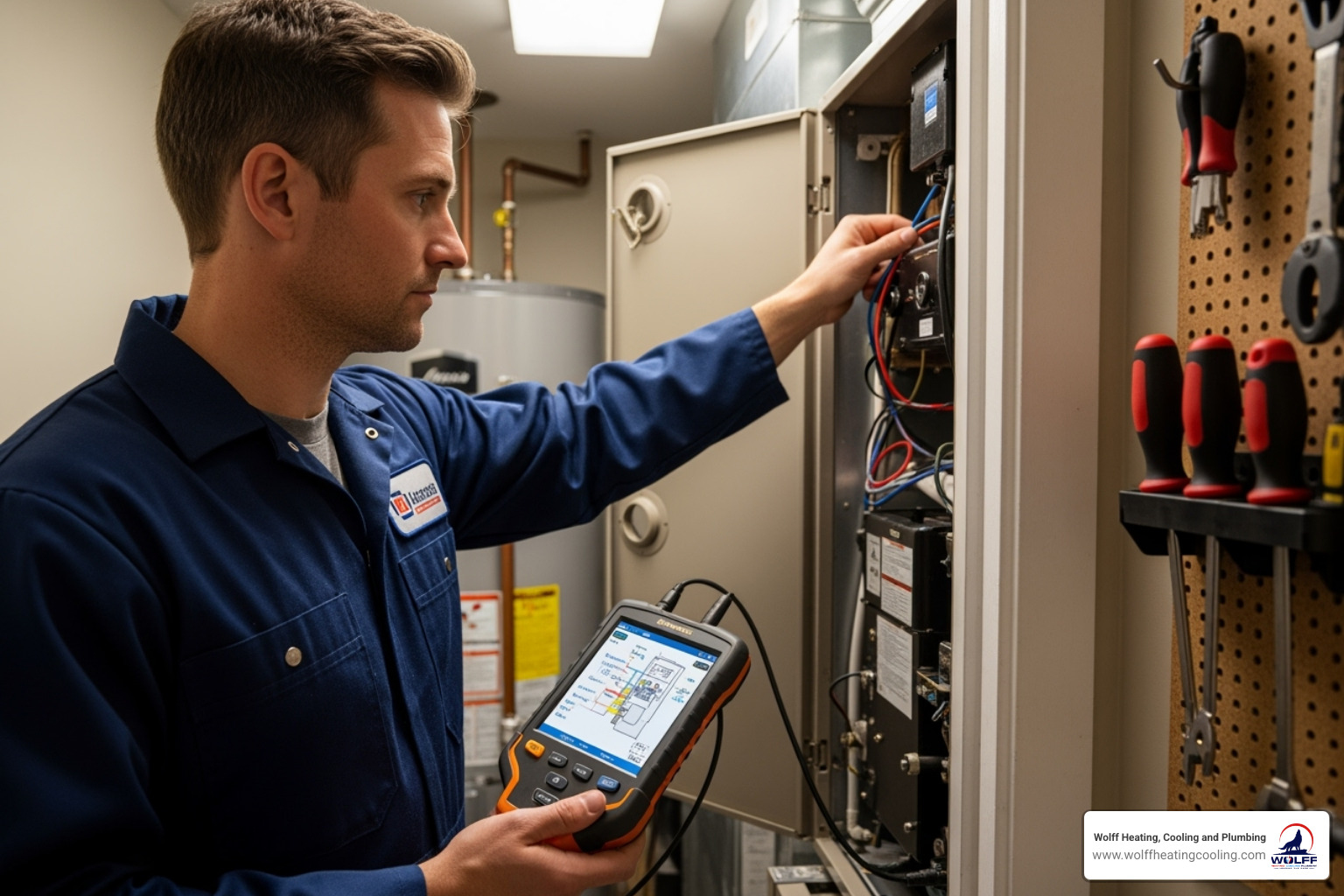A Wolff Heating, Cooling, and Plumbing technician carefully checking a furnace with a digital diagnostic tool, ensuring all components are in optimal condition. - heating maintenance albuquerque nm A Wolff Heating, Cooling, and Plumbing technician carefully checking a furnace with a digital diagnostic tool, ensuring all components are in optimal condition. - heating maintenance albuquerque nm