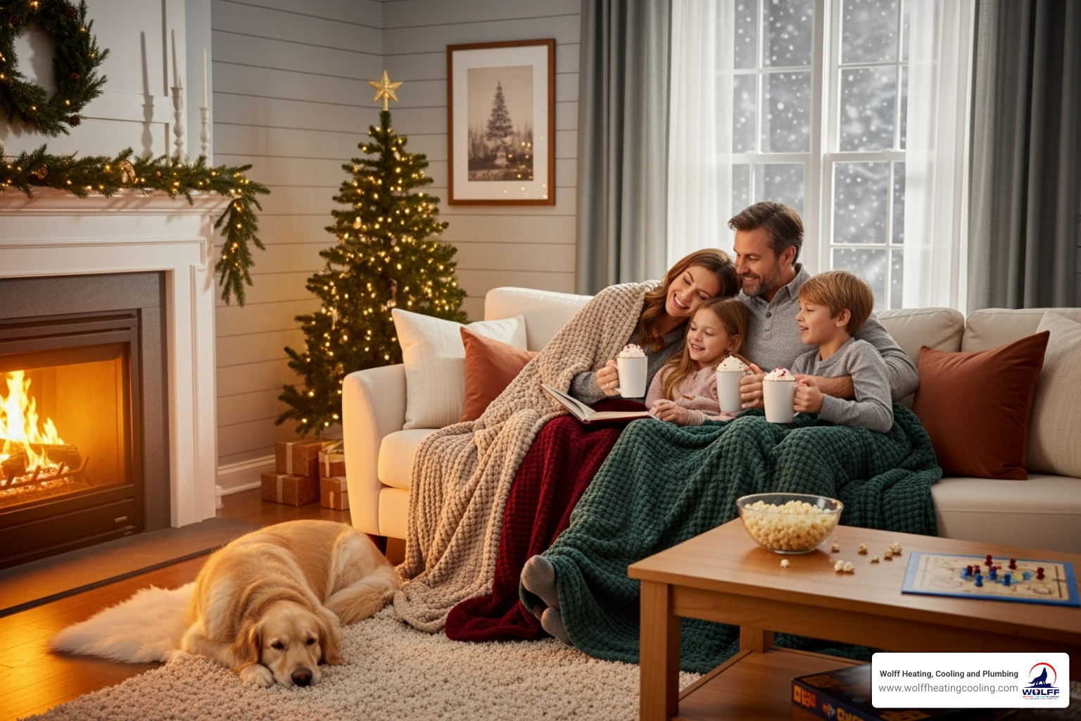 A happy family enjoying a warm and cozy living room during winter, with soft blankets and mugs of hot cocoa. - heating maintenance albuquerque nm A happy family enjoying a warm and cozy living room during winter, with soft blankets and mugs of hot cocoa. - heating maintenance albuquerque nm