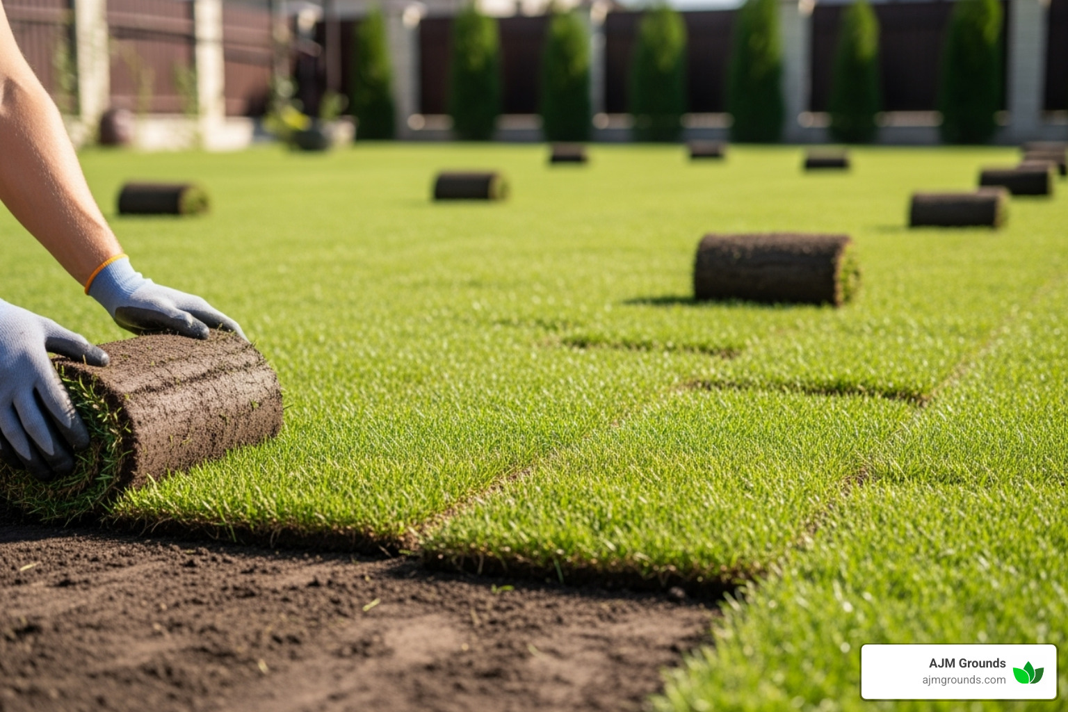 sod being laid in a staggered, brick-like pattern - how to install new sod lawn