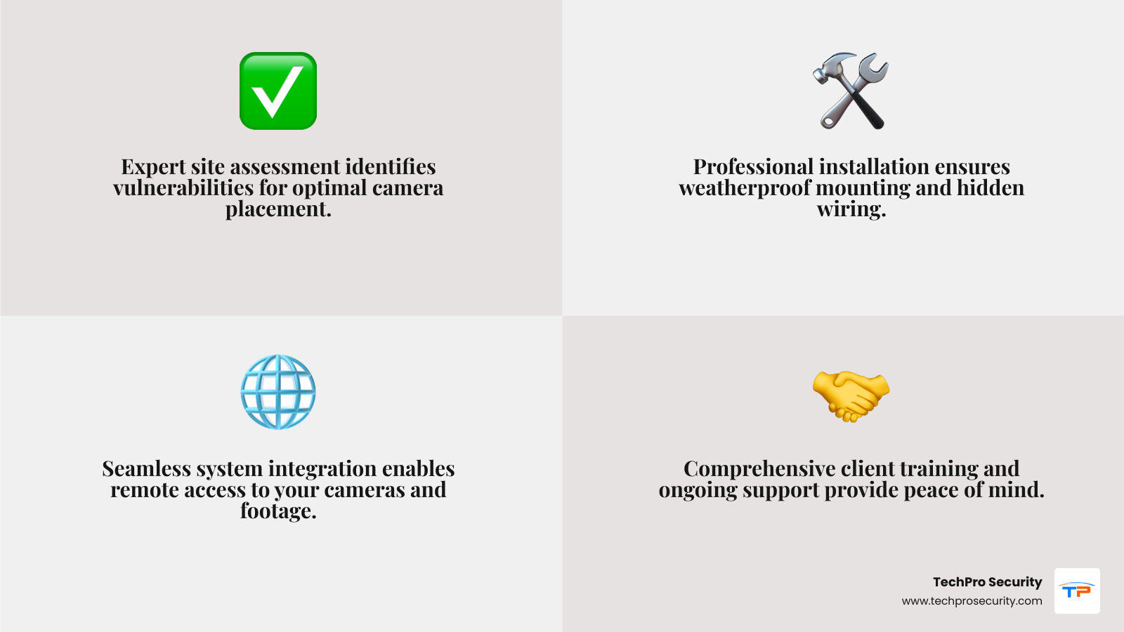Infographic showing professional security camera installation service benefits: 1. Expert site assessment identifies all vulnerabilities and optimal camera positions. 2. Professional installation ensures weatherproof mounting, hidden wiring, and reliable power connections. 3. System integration connects cameras to NVR/DVR and your network for remote access. 4. Client training teaches you how to view footage, receive alerts, and manage your system. 5. Ongoing support provides warranty coverage and 24/7 technical assistance. DIY installation risks: Poor camera placement creates blind spots. Exposed wiring is vulnerable to weather and tampering. Incorrect network setup prevents remote access. No professional warranty or support when problems arise. - security camera installation service infographic 4_facts_emoji_grey Infographic showing professional security camera installation service benefits: 1. Expert site assessment identifies all vulnerabilities and optimal camera positions. 2. Professional installation ensures weatherproof mounting, hidden wiring, and reliable power connections. 3. System integration connects cameras to NVR/DVR and your network for remote access. 4. Client training teaches you how to view footage, receive alerts, and manage your system. 5. Ongoing support provides warranty coverage and 24/7 technical assistance. DIY installation risks: Poor camera placement creates blind spots. Exposed wiring is vulnerable to weather and tampering. Incorrect network setup prevents remote access. No professional warranty or support when problems arise. - security camera installation service infographic 4_facts_emoji_grey