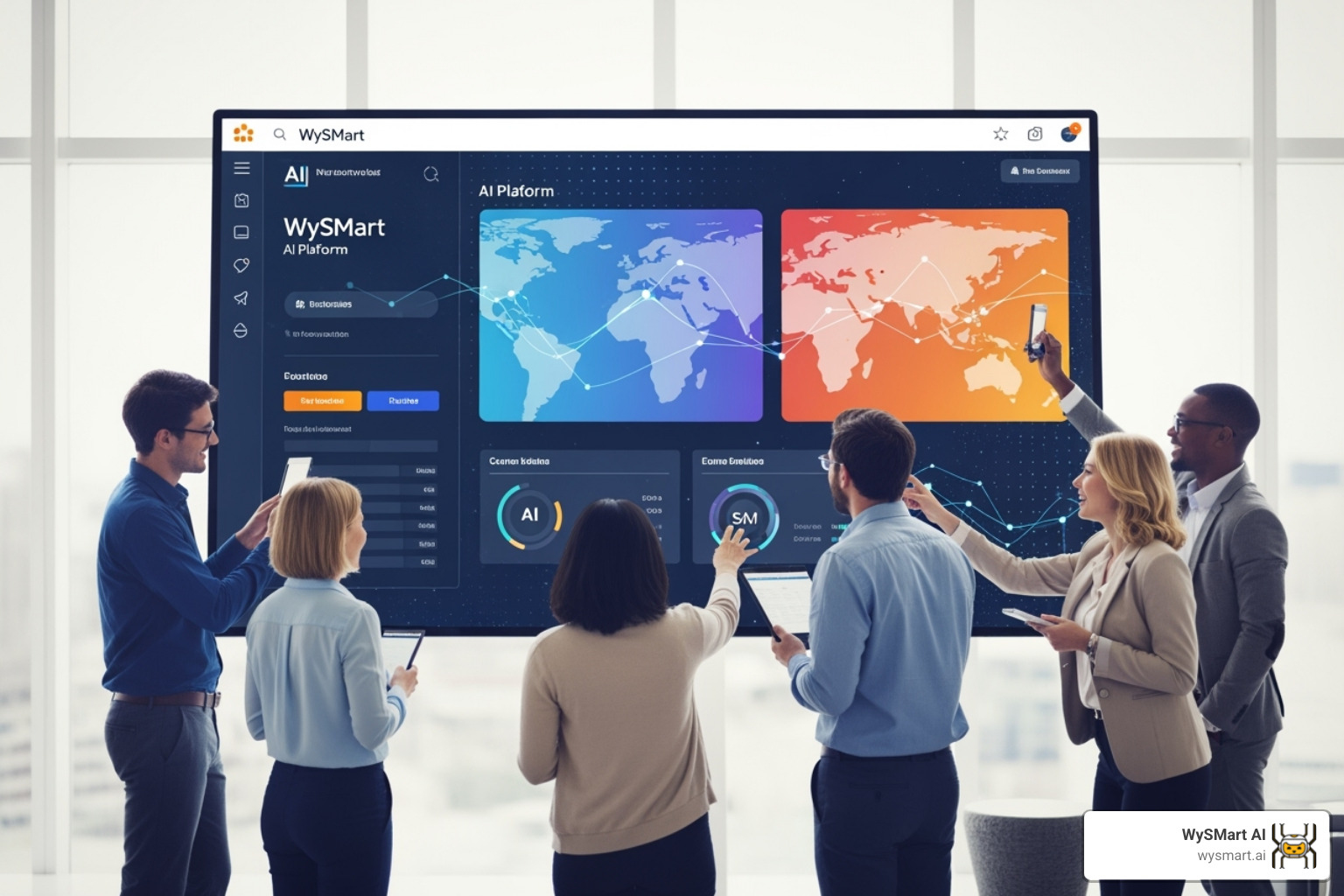 team collaborating around a screen showing a WySMart AI platform - roofing companies - ai custom automation systems team collaborating around a screen showing a WySMart AI platform - roofing companies - ai custom automation systems