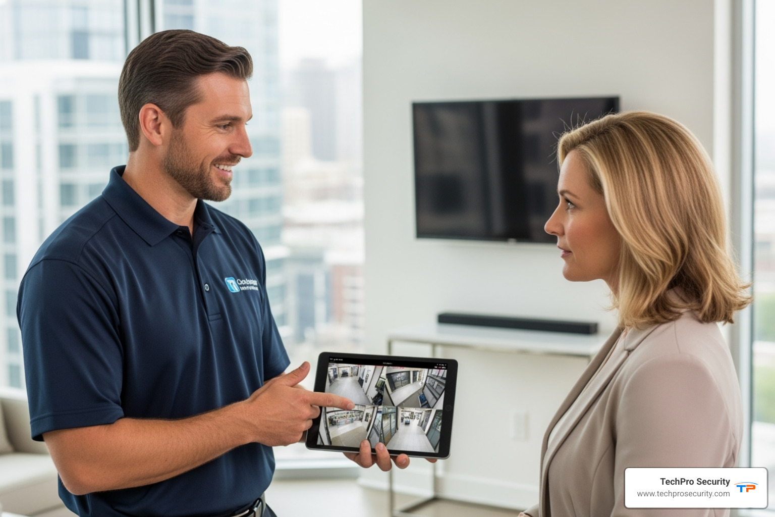 Technician explaining security system to client - security camera installation service Technician explaining security system to client - security camera installation service