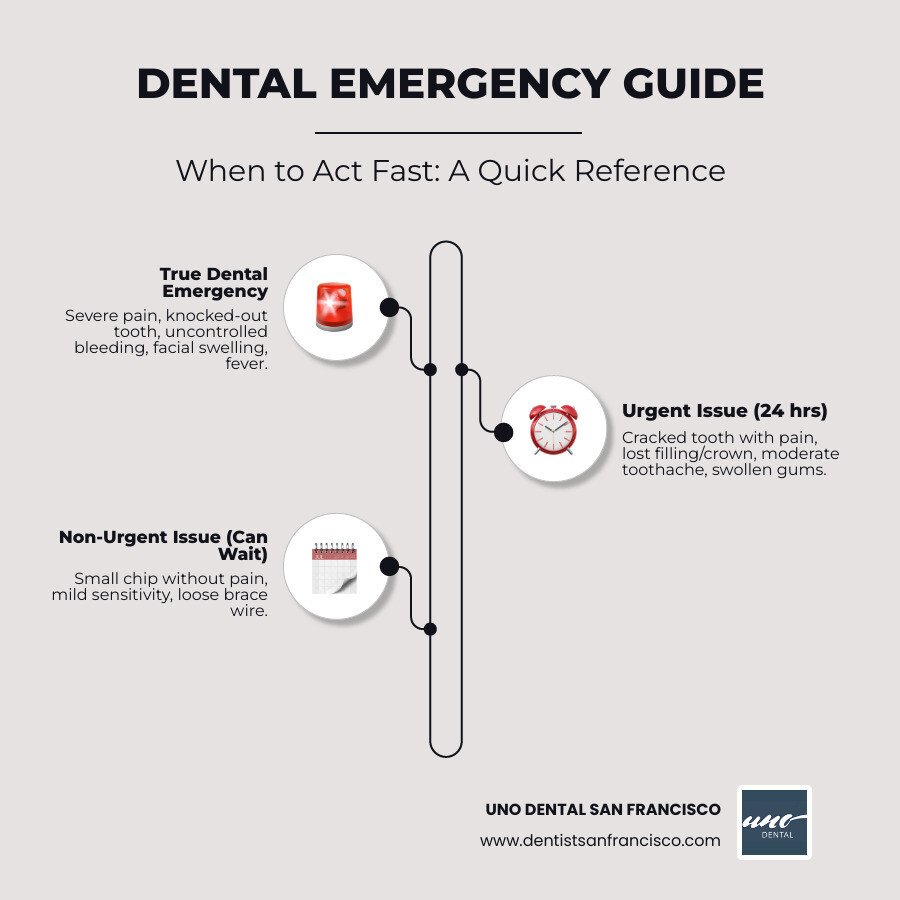 infographic showing three columns: left column lists true dental emergencies requiring immediate care within hours (knocked-out tooth, severe unrelenting pain, uncontrolled bleeding, facial swelling, signs of infection with fever), middle column shows urgent issues needing care within 24 hours (cracked tooth with pain, lost filling or crown causing discomfort, moderate toothache, swollen gums), right column displays non-urgent issues that can wait a few days (small chip without pain, mild sensitivity, loose wire on braces) - urgent dental care SF infographic infographic-line-3-steps-elegant_beige