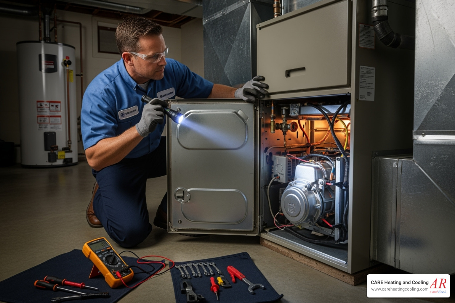 technician examining inside of furnace - hvac inspection westerville technician examining inside of furnace - hvac inspection westerville