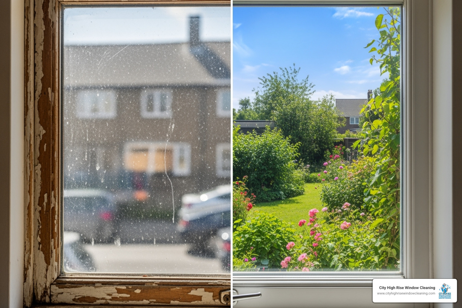 Before and after shot of a cleaned window, showcasing a clear view - window cleaning long island ny Before and after shot of a cleaned window, showcasing a clear view - window cleaning long island ny