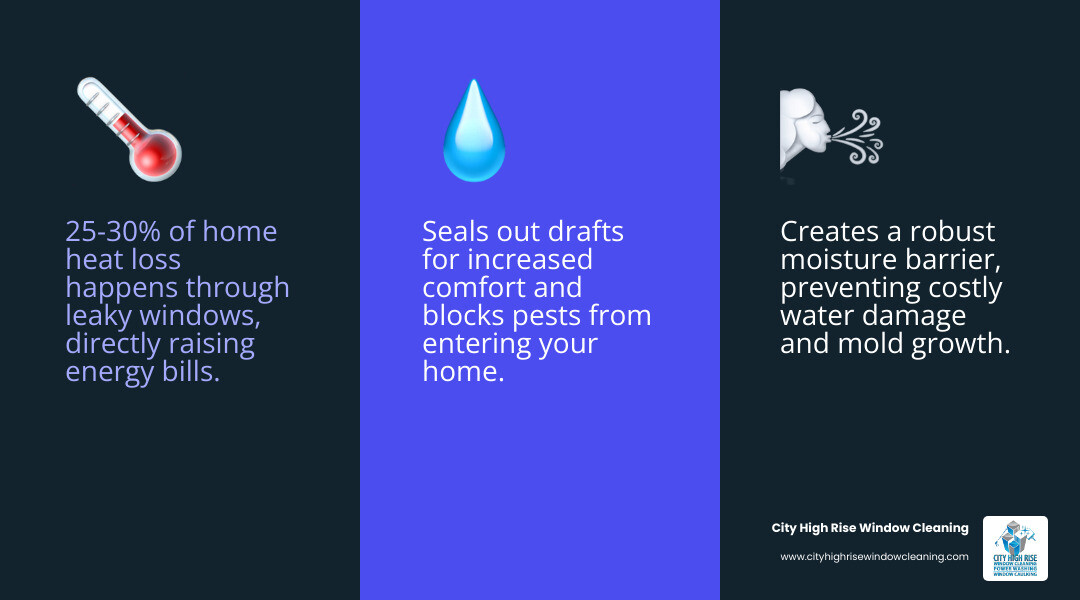 infographic showing benefits of caulking window sills including 25-30% reduction in heat loss, prevention of water damage and mold, pest barrier protection, and average lifespan of 3-5 years with proper application - caulking a window sill infographic 3_facts_emoji_blue infographic showing benefits of caulking window sills including 25-30% reduction in heat loss, prevention of water damage and mold, pest barrier protection, and average lifespan of 3-5 years with proper application - caulking a window sill infographic 3_facts_emoji_blue