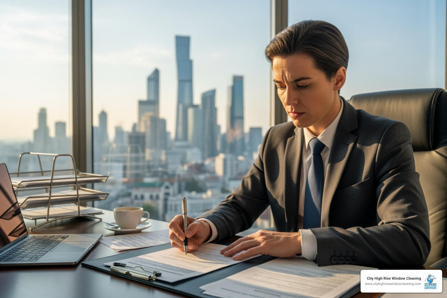 A building manager reviewing a quote for high-rise window cleaning services in NYC - high rise window cleaning nyc A building manager reviewing a quote for high-rise window cleaning services in NYC - high rise window cleaning nyc