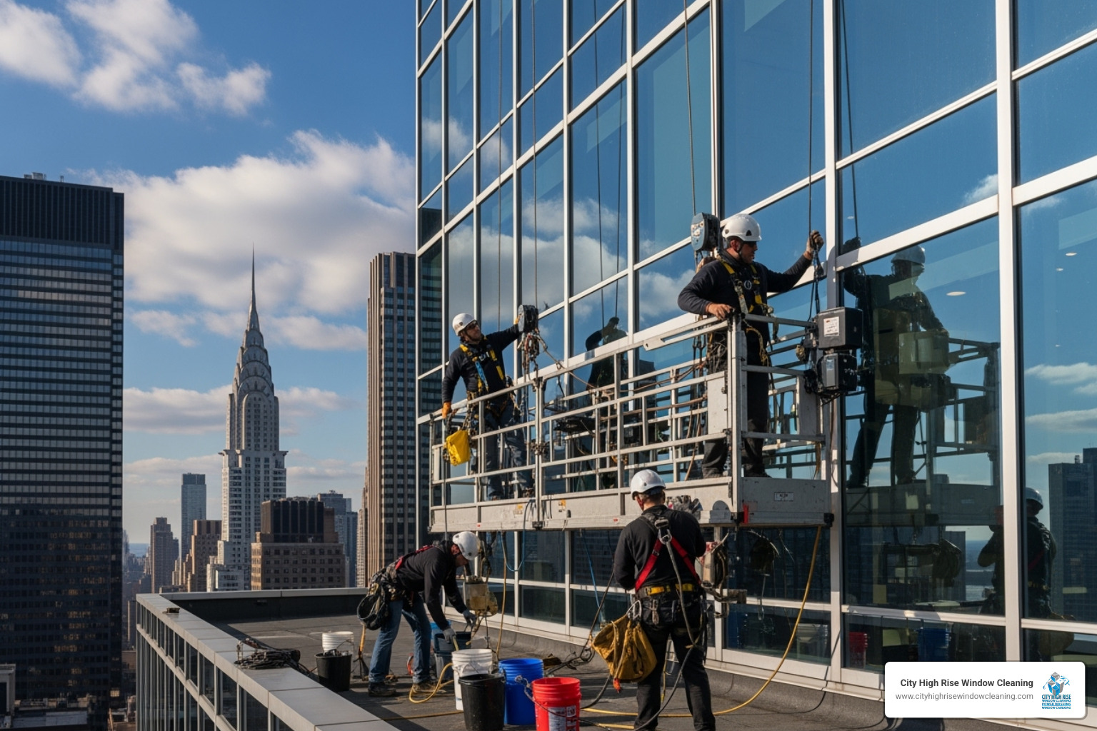 A team setting up a suspended scaffold on a NYC building - high rise window cleaning nyc A team setting up a suspended scaffold on a NYC building - high rise window cleaning nyc