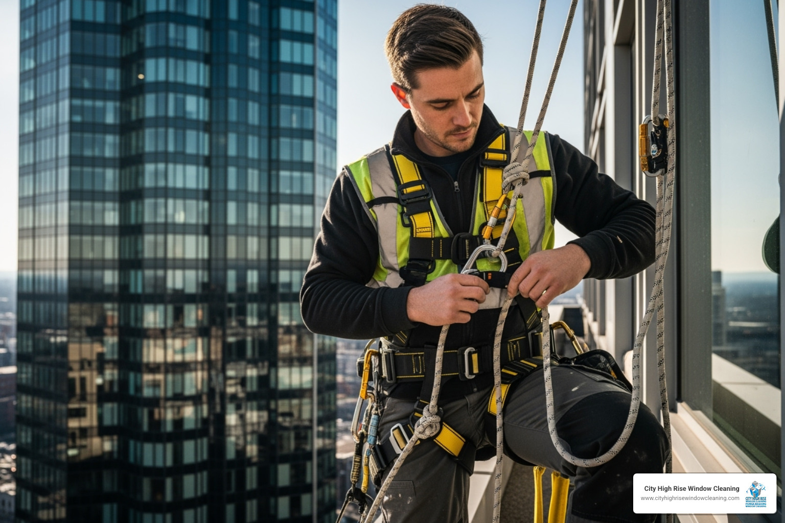 A window cleaner inspecting their safety harness and ropes before a job - high rise window cleaning nyc A window cleaner inspecting their safety harness and ropes before a job - high rise window cleaning nyc