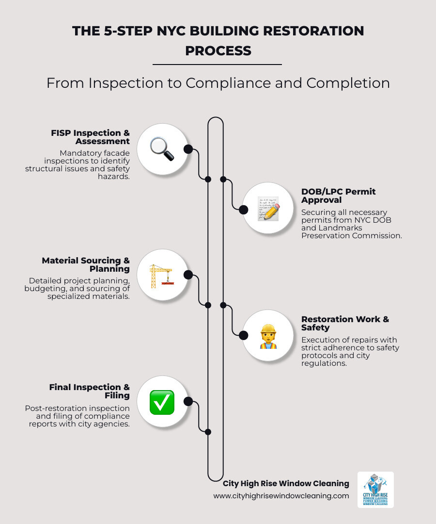 Infographic showing the 5-step NYC building restoration process: 1) FISP Inspection & Assessment, 2) DOB/LPC Permit Approval, 3) Material Sourcing & Project Planning, 4) Restoration Work with Safety Protocols, 5) Final Inspection & Compliance Filing - NYC building restoration infographic infographic-line-5-steps-elegant_beige Infographic showing the 5-step NYC building restoration process: 1) FISP Inspection & Assessment, 2) DOB/LPC Permit Approval, 3) Material Sourcing & Project Planning, 4) Restoration Work with Safety Protocols, 5) Final Inspection & Compliance Filing - NYC building restoration infographic infographic-line-5-steps-elegant_beige