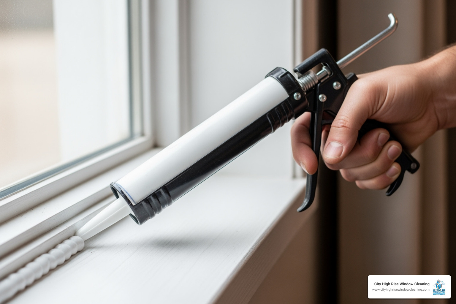 hand holding a caulk gun at a 45-degree angle applying a smooth bead of caulk to a window sill - caulking a window sill hand holding a caulk gun at a 45-degree angle applying a smooth bead of caulk to a window sill - caulking a window sill