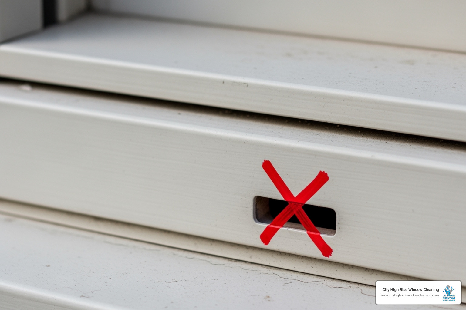 window's weep hole with a red "X" over it, indicating not to caulk - caulking a window sill window's weep hole with a red "X" over it, indicating not to caulk - caulking a window sill
