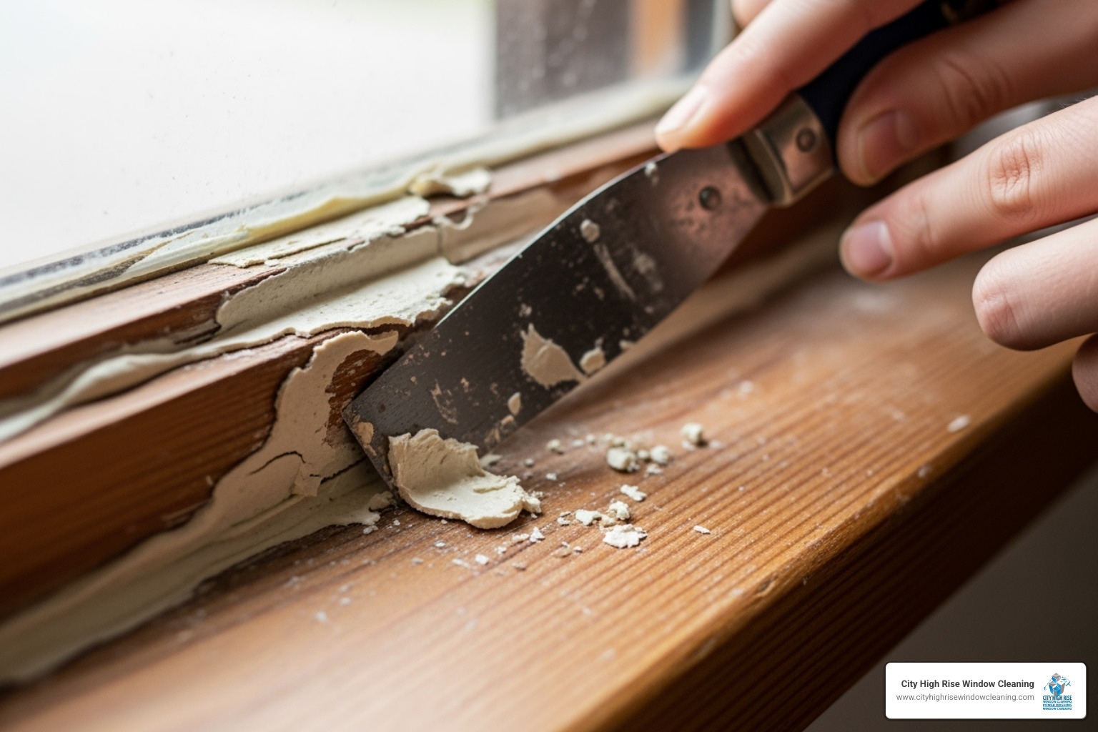 person using a putty knife to scrape old, cracked caulk from a window sill - caulking a window sill person using a putty knife to scrape old, cracked caulk from a window sill - caulking a window sill