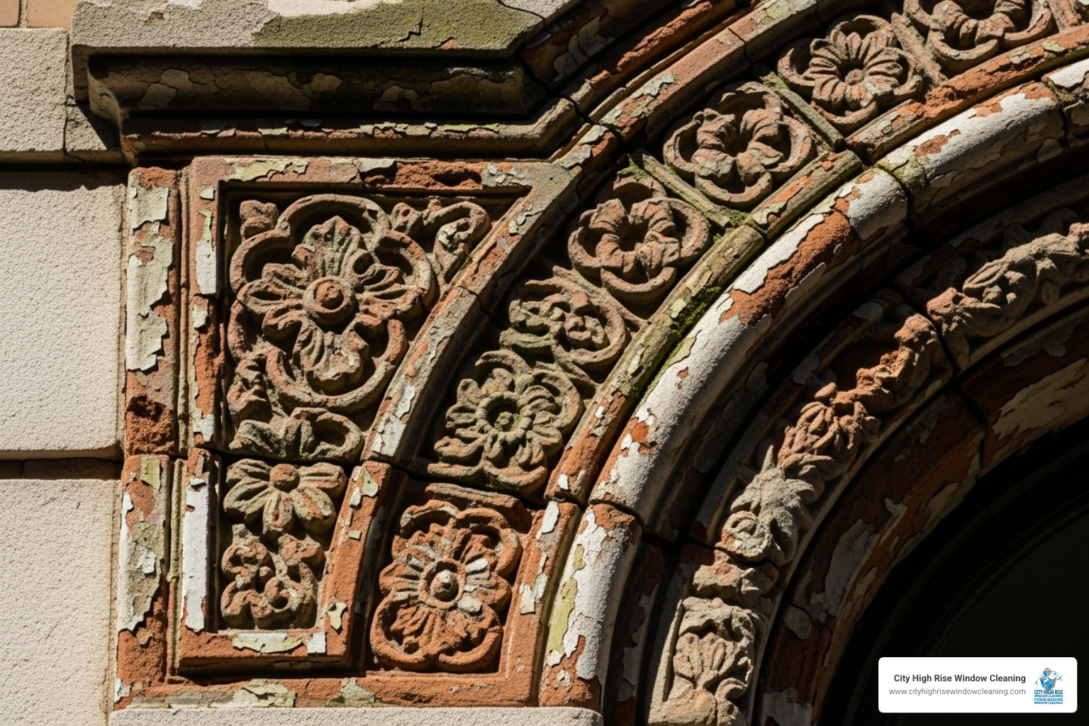 Close-up on deteriorating terra cotta ornamentation on a historic building - NYC building restoration Close-up on deteriorating terra cotta ornamentation on a historic building - NYC building restoration