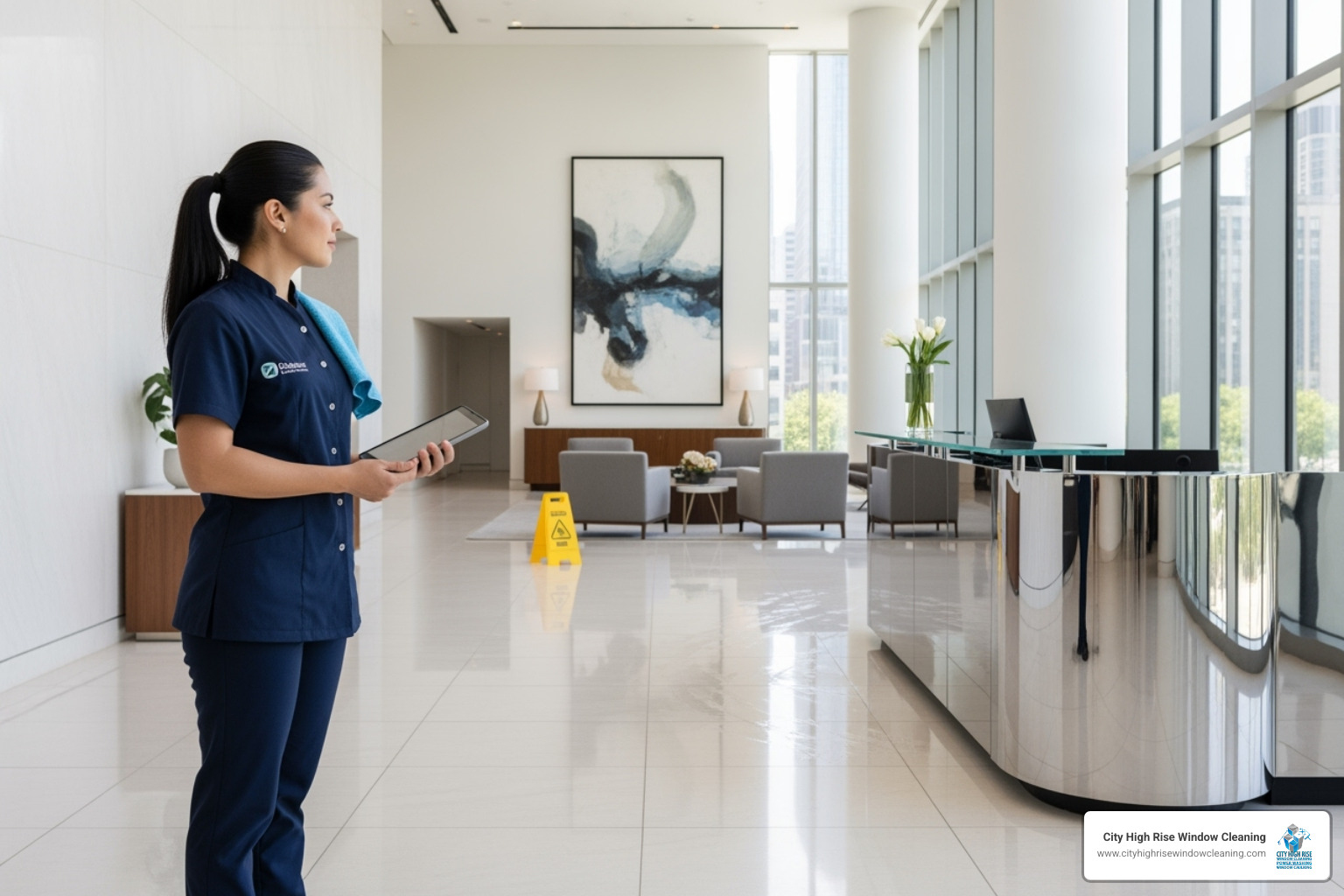 Uniformed cleaning professional inspecting a lobby - Building cleaning services NYC Uniformed cleaning professional inspecting a lobby - Building cleaning services NYC