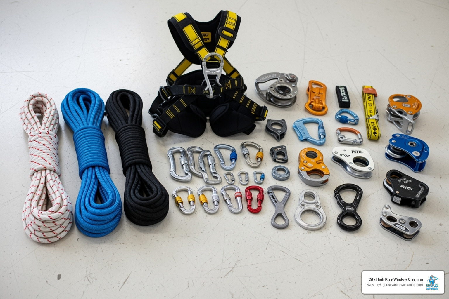 Rope access gear—harness, ropes, carabiners, descenders - abseiling painters Rope access gear—harness, ropes, carabiners, descenders - abseiling painters