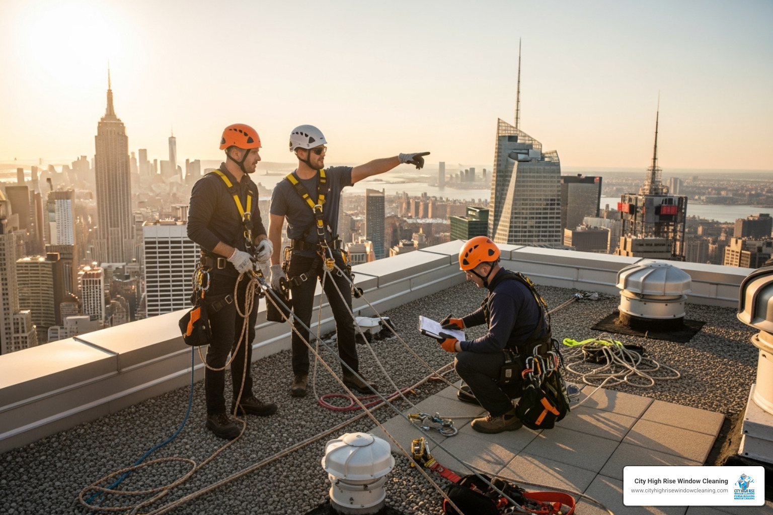 Team conducting a rooftop site assessment, NYC skyline - abseiling painters Team conducting a rooftop site assessment, NYC skyline - abseiling painters