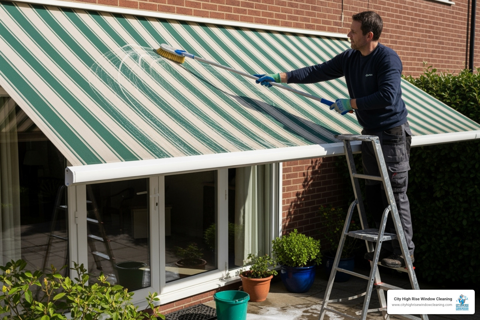 Person gently scrubbing a residential awning with a long-handled soft brush - awning cleaning Person gently scrubbing a residential awning with a long-handled soft brush - awning cleaning